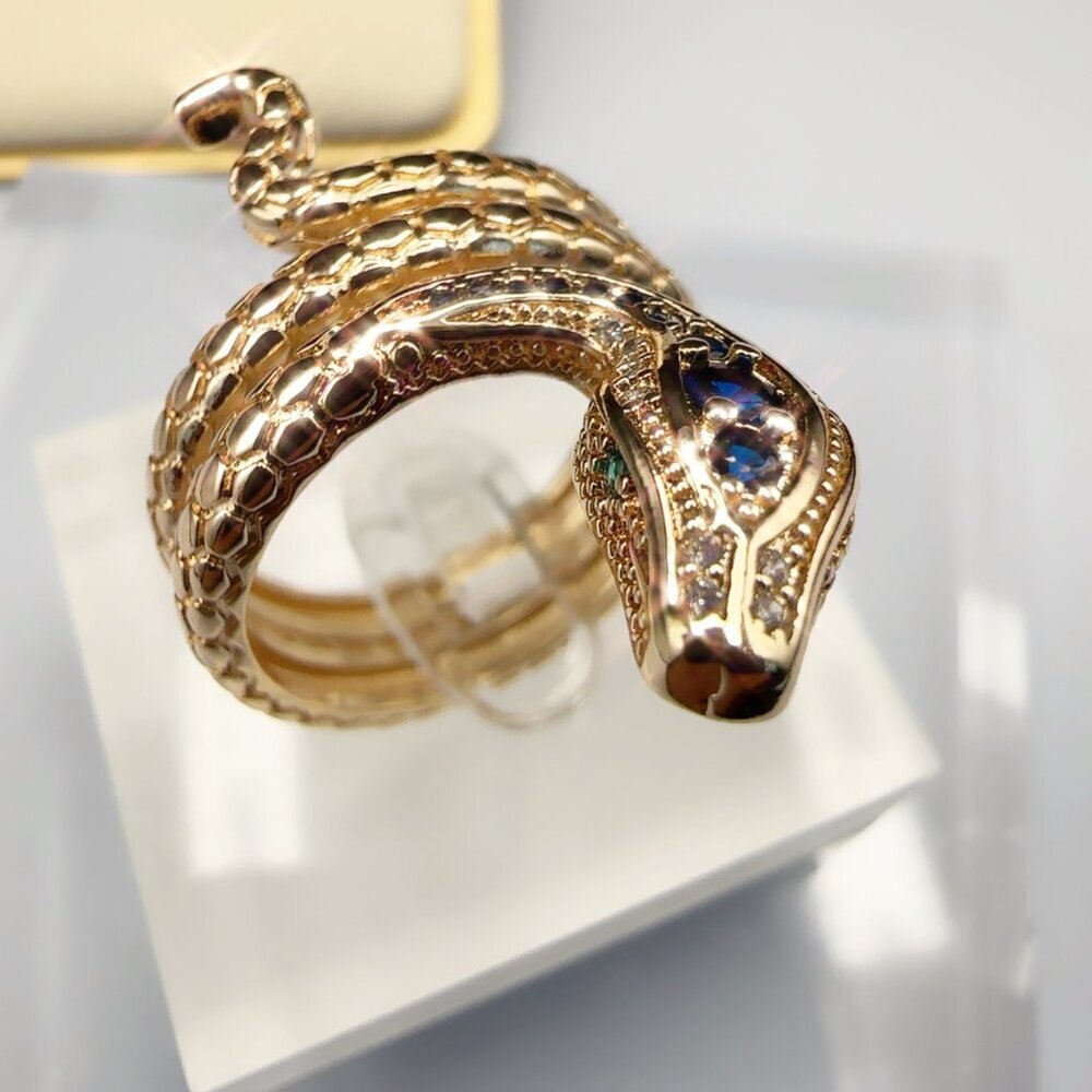 Gold Snake Ring With Blue & Clear Stones Serpent Design size 7 - Picture 2 of 8